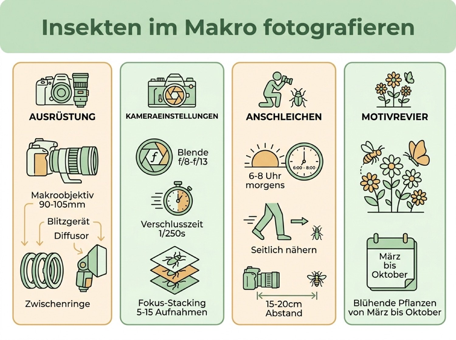 Infografik: Insekten im Makro fotografieren – Ausrüstung, Einstellungen und Motivrevier auf einen Blick