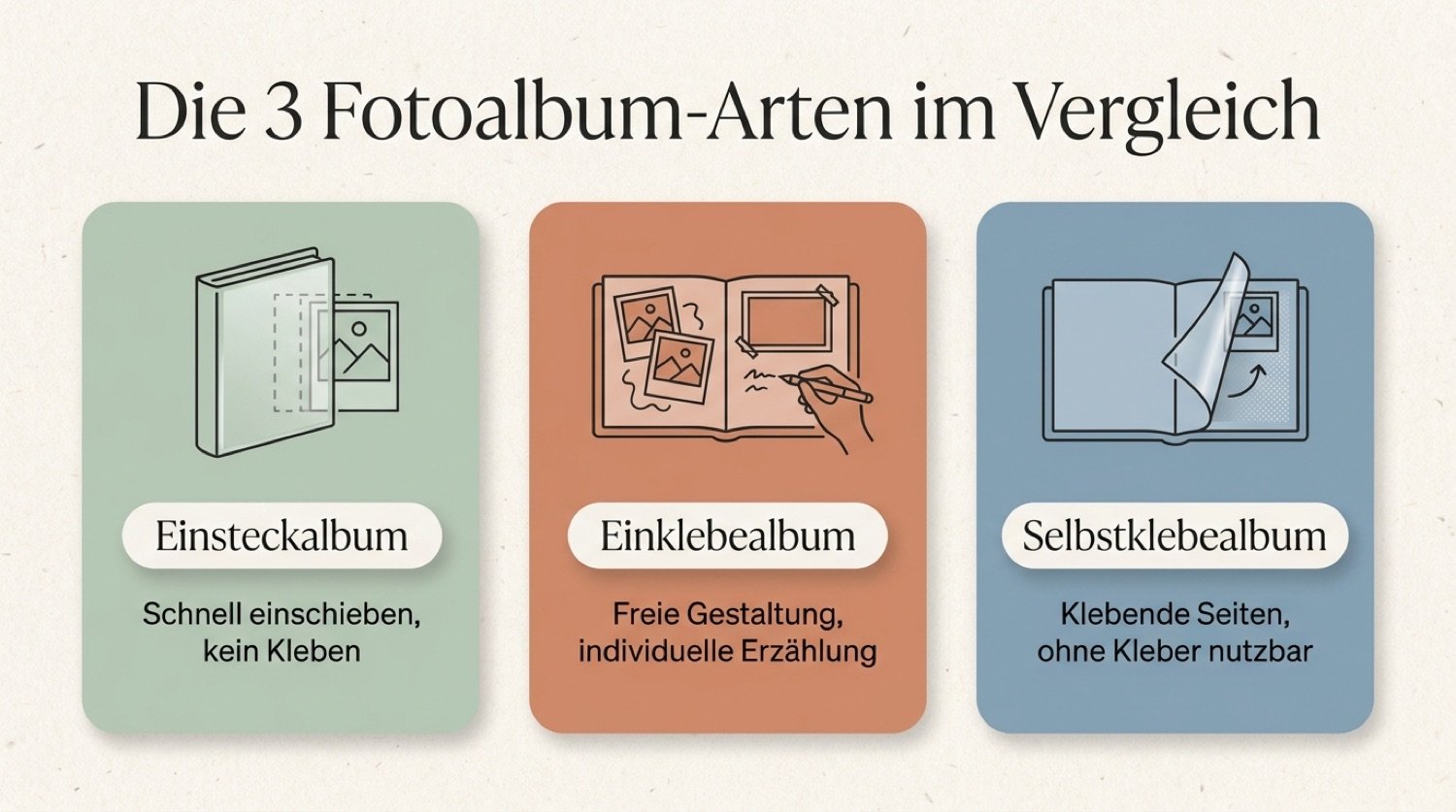 Vergleich von Einsteckalbum, Einklebealbum und Selbstklebealbum als Fotoalben-Arten