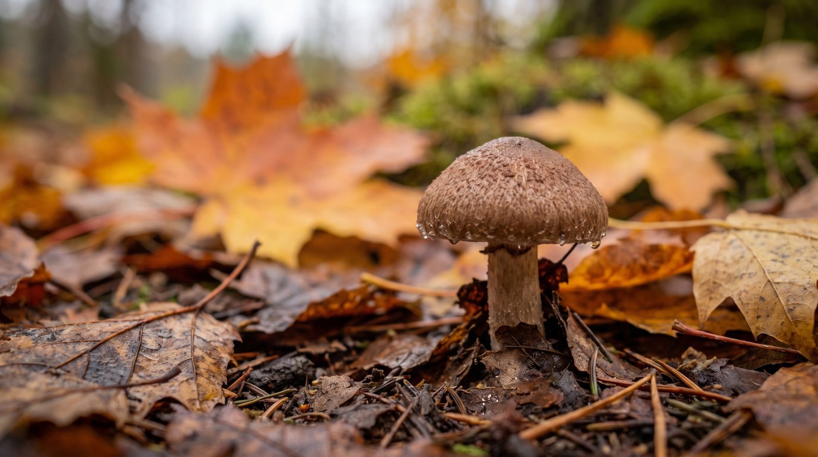 Detailaufnahme eines Pilzes am Waldboden aus niedriger Perspektive